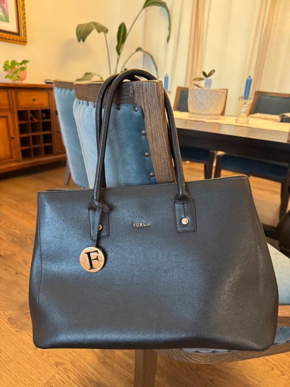 Furla Black Leather Tote with Gold Accent Charm